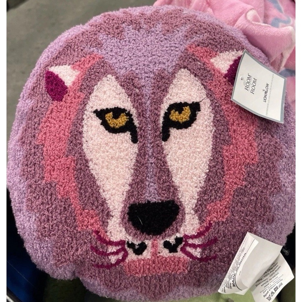 Room 2 Room Round Lion‎ Pillow Pink & Purple Face Embroidered 15x15